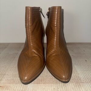 Stuart Weitzman Gardiner Croc-Embossed Booties Cappuccino
